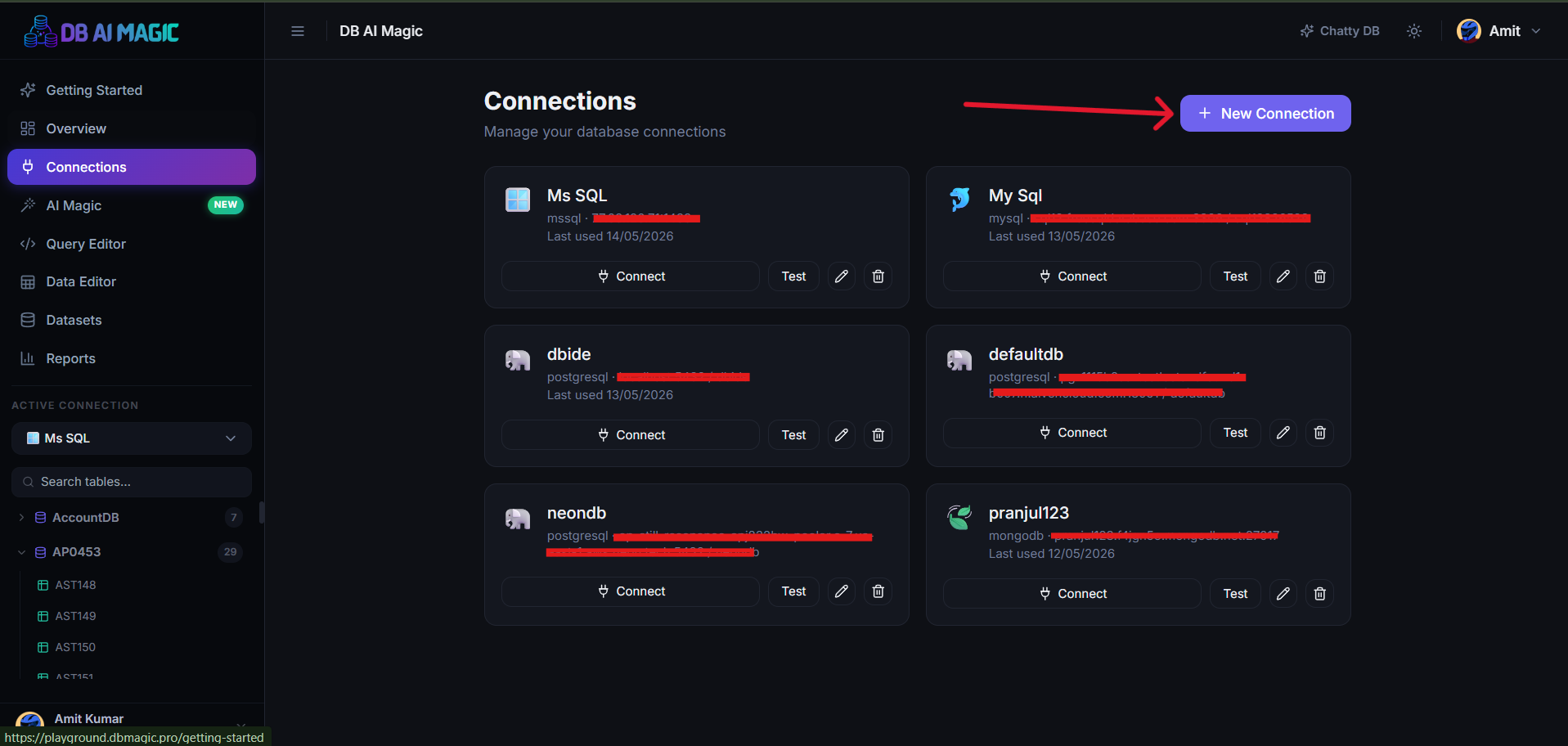 Adding a new connection — engine picker on the left, form on the right.